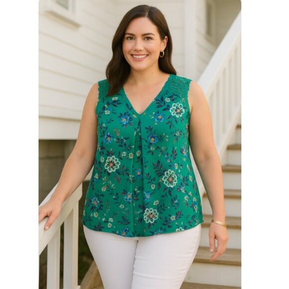 Daniel Rainn Fantine Green Floral Crochet Sleeveless Top - Picture 3 of 8